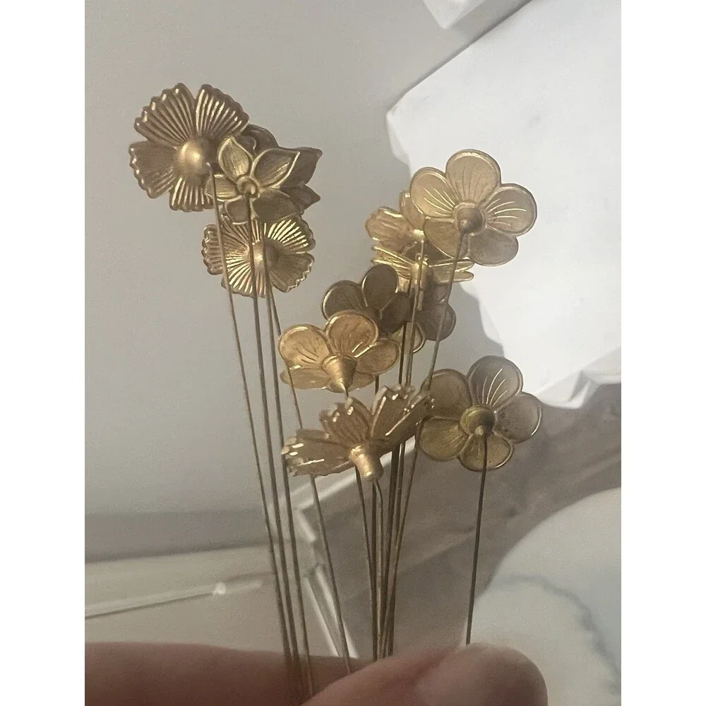 VTG Enamel Brass Flower Bouquet 12pc 8” Stems & Blue Glass Bud Vase 3” MCM